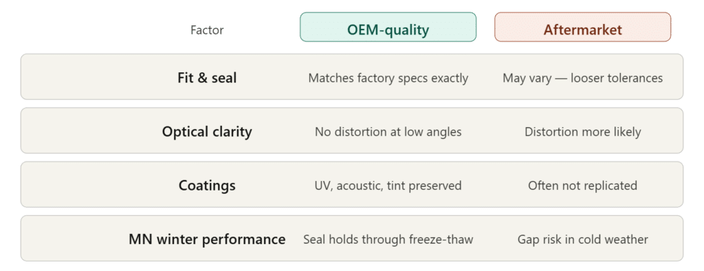 Comparison table shows four factors—fit & seal, optical clarity, coatings, and MN winter performance—contrasting OEM-Quality Glass vs Aftermarket Glass for precise fit and clarity vs variable quality, possible distortion, and winter gaps.